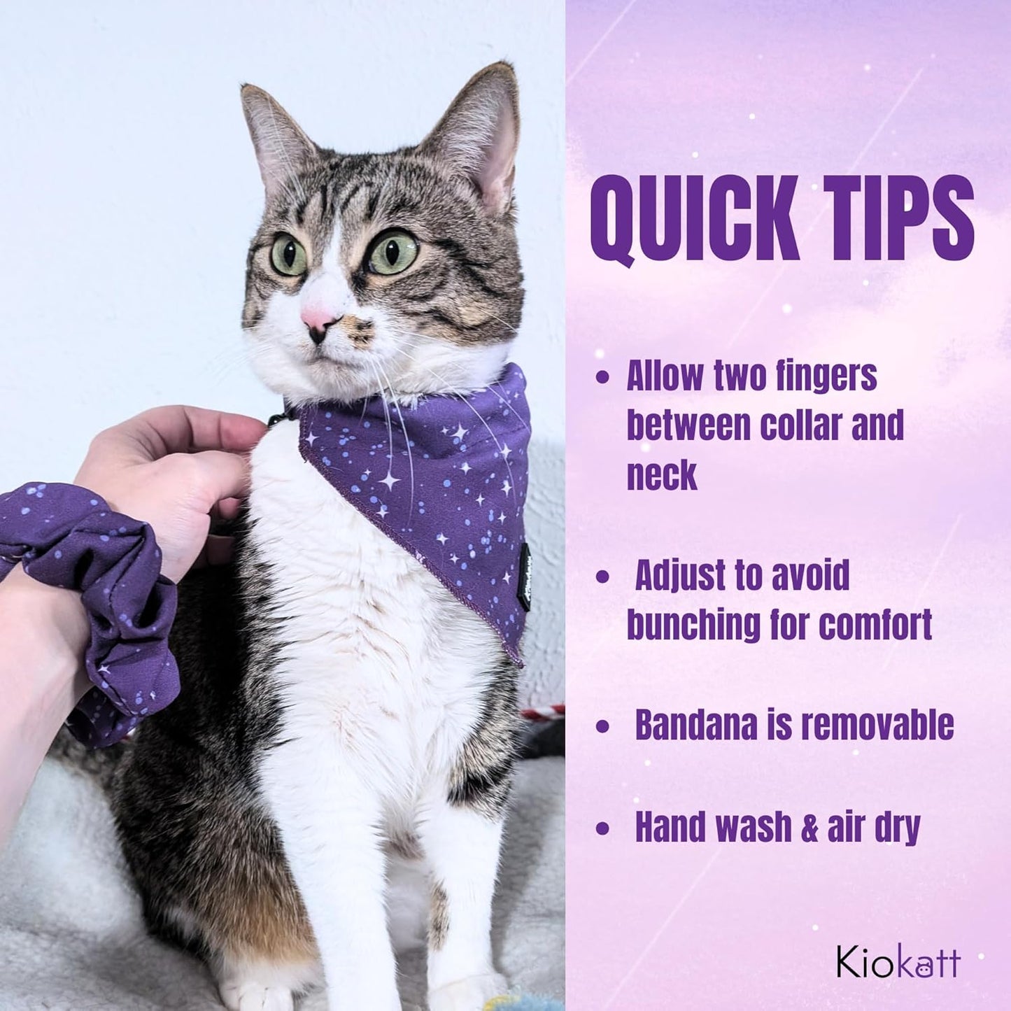 Breakaway Cat Collar with Removable Bandana – Purple Galaxy Stars – Adjustable 7.5–11" Safety Collar + Matching Scrunchie for Pet Parent – KioKatt Pawsome Pair