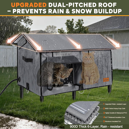 Gimars Upgraded Pitched Roof Indestructible Heated Cat House for Outdoor Cat with Safe Escape Door, 100% Weatherproof Winter Cat Shelter 5.1" Elevated Insulated Stray Feral Cat House with Soft Heater