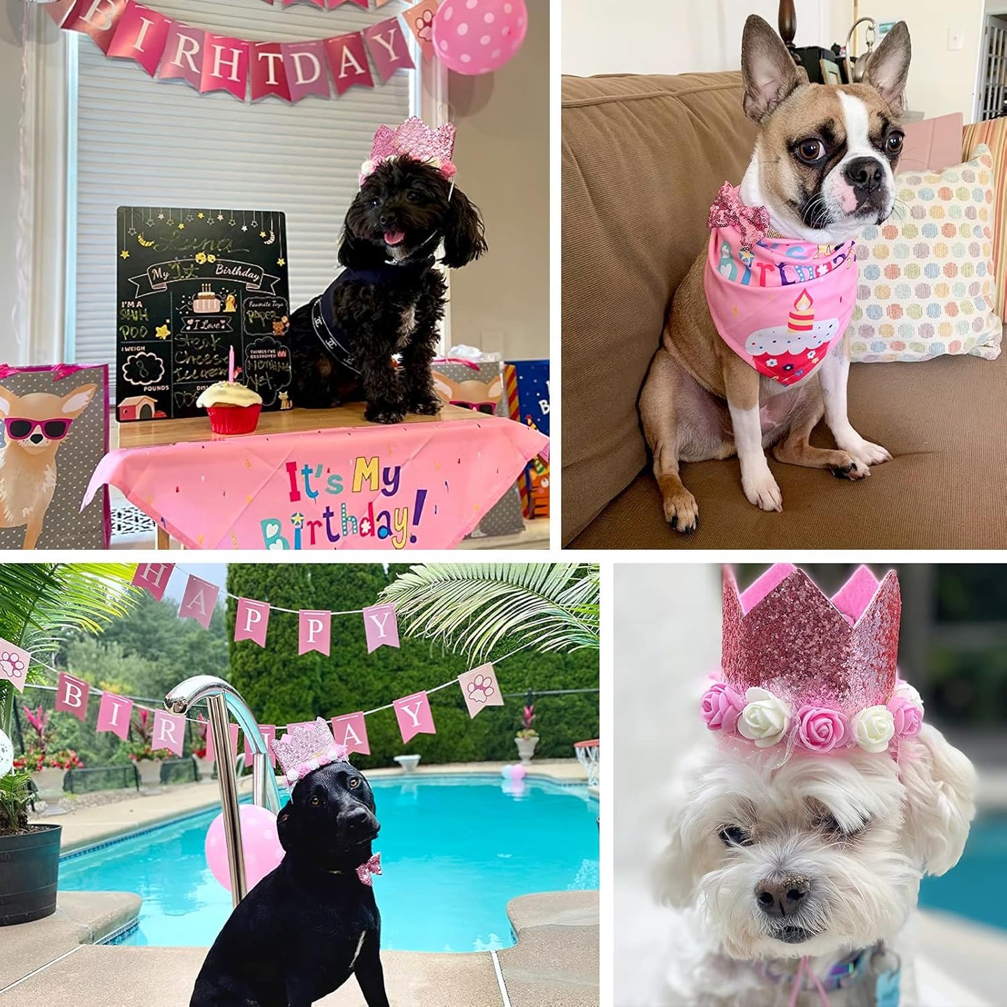 PartyWoo Pink Dog Birthday Supplies Kit 15pcs Balloons Puppy Bandana Hat Banner for Small Medium Girl Puppy Dogs Pet Photo Booth Backdrop Celebration Party Decorations Favors