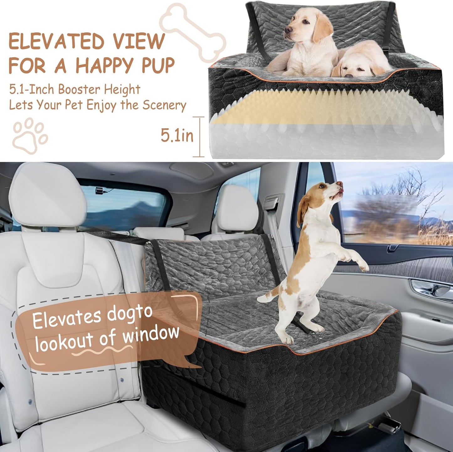 Dog Booster Seat for Larger & Medium Dogs – Comfortable Dog Car Bed with Washable Cover and Storage Pockets for Pets Up to 60lbs (BlackGray)