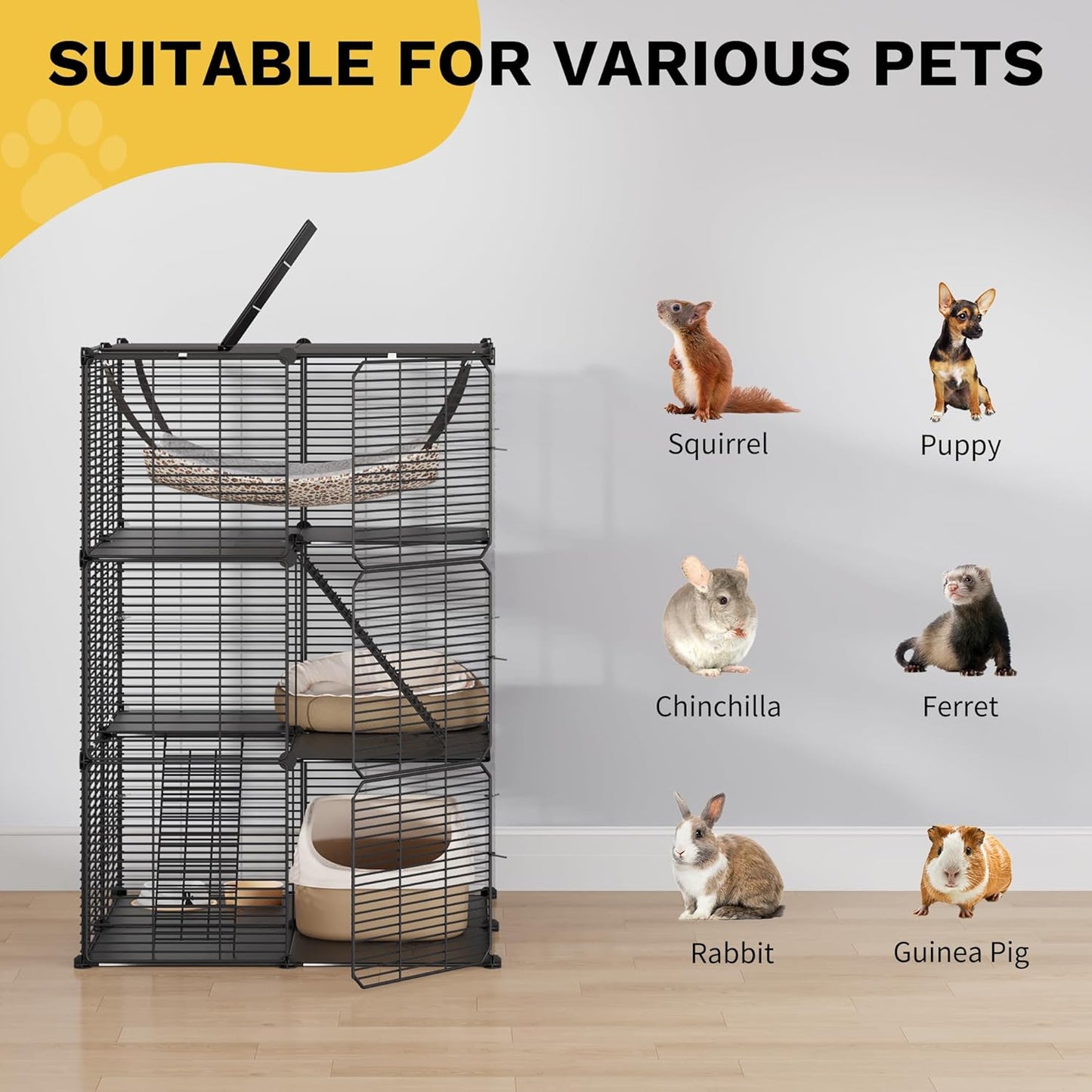 DWVO 3-Tier Cat Cage Indoor Enclosure - Spacious DIY Pet Playpen with Metal Wire Kennel, Extra Large Hammock & Sturdy Platforms for 1-2 Felines Ferrets Chinchillas Rabbits Small Pets