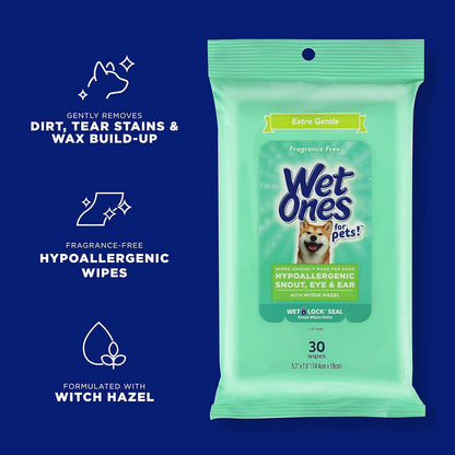 Wet Ones for Pets Extra Gentle Hypoallergenic Dog Wipes with Witch Hazel for Snout, Eye, Ear | Fragrance-Free for All Dogs with Wet Lock Seal | 30 Ct Pouch (Pack of 2)