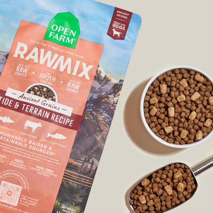 Open Farm, RawMix Dry Dog Food with Ancient Grains, Protein-Packed Kibble Coated in Bone Broth with Freeze Dried Raw Chunks, Pollock Beef & Salmon, Tide & Terrain Recipe, 3.5lb Bag