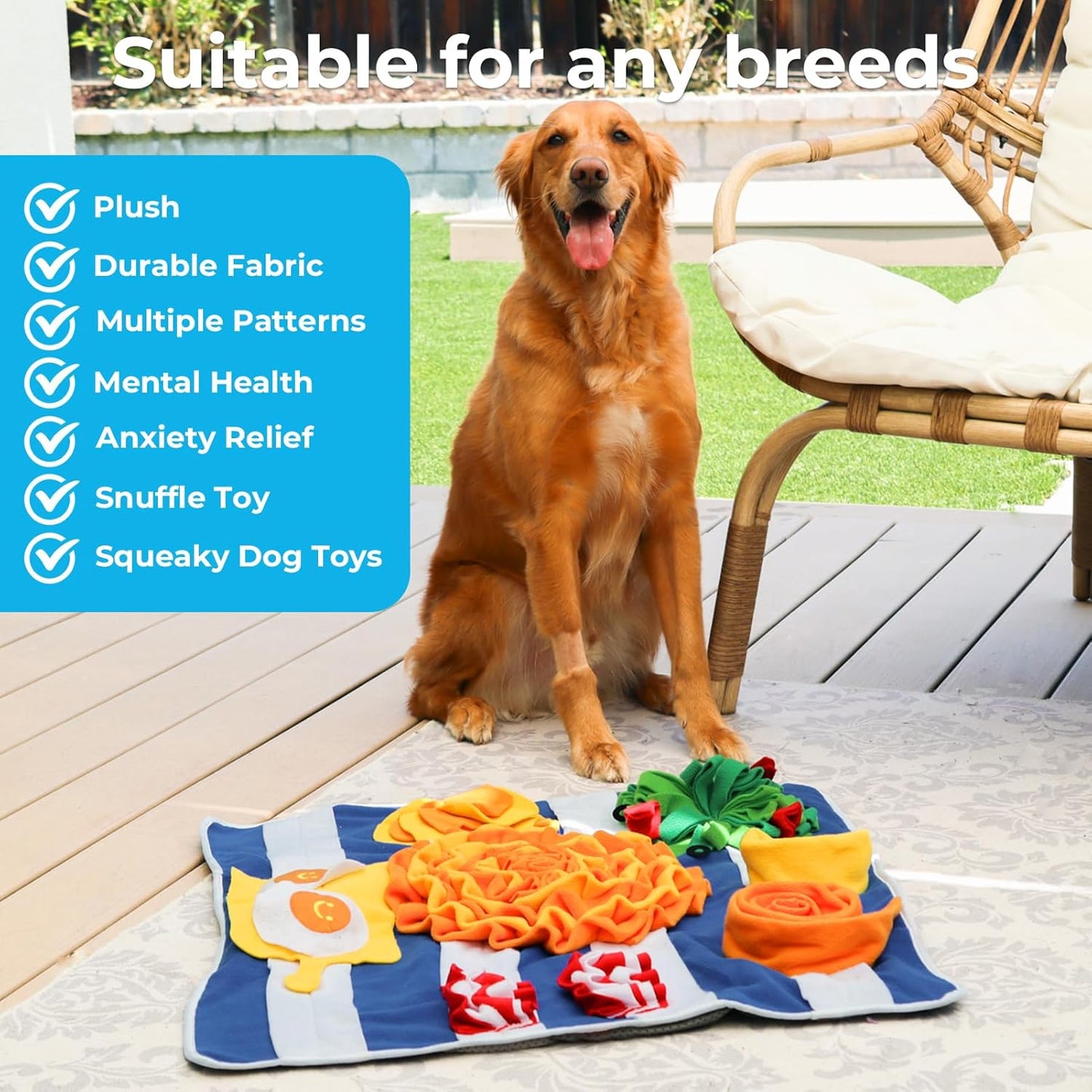 Snuffle Mat for Dogs, 19” x 19” Large Interactive Feeder to Keep Them Busy & Mentally Stimulated, Machine Washable Slow Feed Bowl for All Breeds Size, Plush Chew Relief Mat