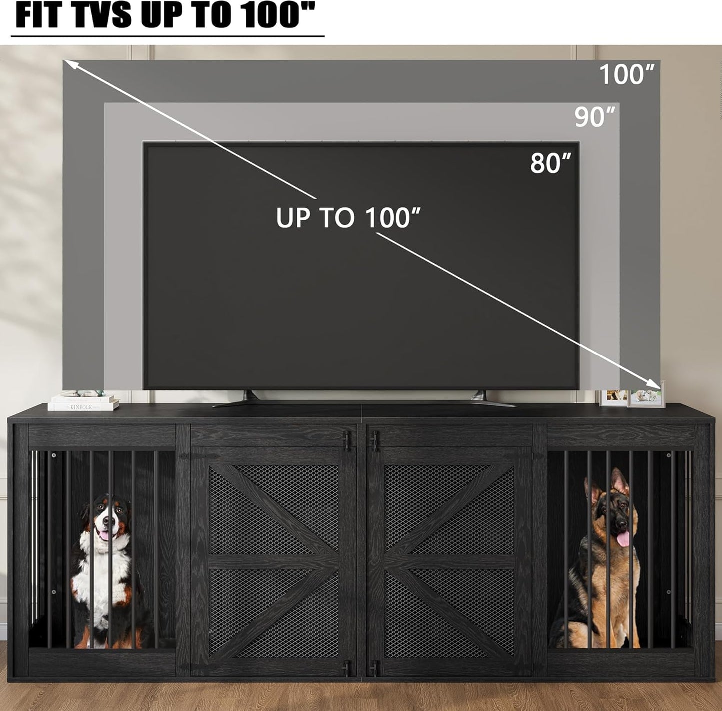 94.5'' Double Dog Crate Furniture, Farmhouse Dog Kennel TV Stand for 2 Large Dogs, Wooden Dog Cage Extra Large Breed with Divider & Solid Metal Tube, Black