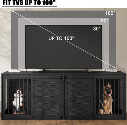94.5'' Double Dog Crate Furniture, Farmhouse Dog Kennel TV Stand for 2 Large Dogs, Wooden Dog Cage Extra Large Breed with Divider & Solid Metal Tube, Black