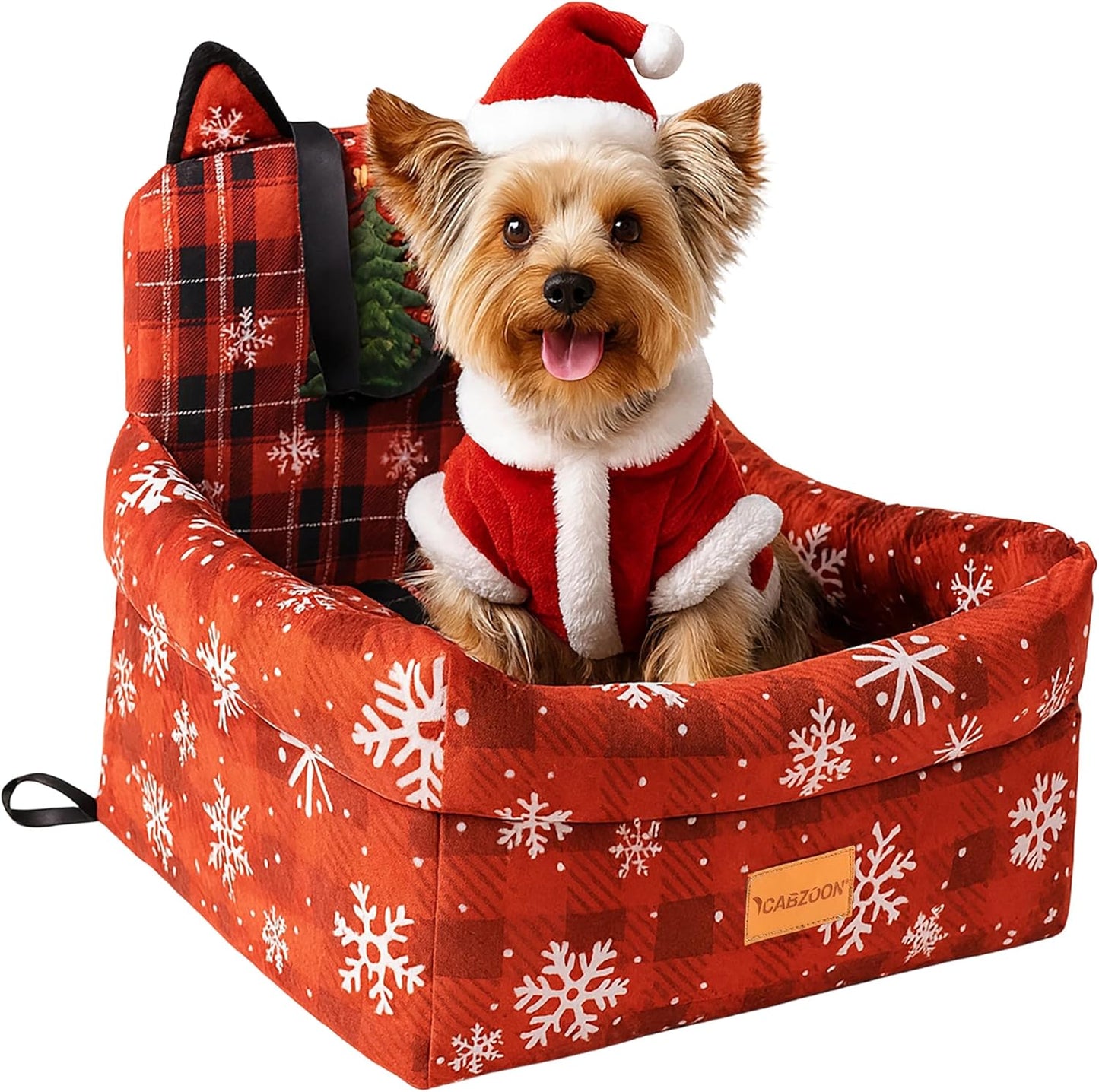 Christmas Dog Car Seat for Small/Medium Dogs Up to 35lbs,Elevated Cushion Fits in Front/Back Seat,Travel Safety Per Car Bed with Washable Removable Cover, Storage 2 Pockets Christmas Tree