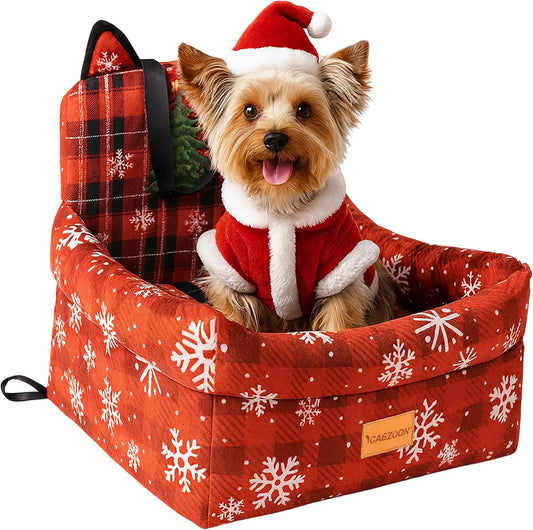 Christmas Dog Car Seat for Small/Medium Dogs Up to 35lbs,Elevated Cushion Fits in Front/Back Seat,Travel Safety Per Car Bed with Washable Removable Cover, Storage 2 Pockets Christmas Tree
