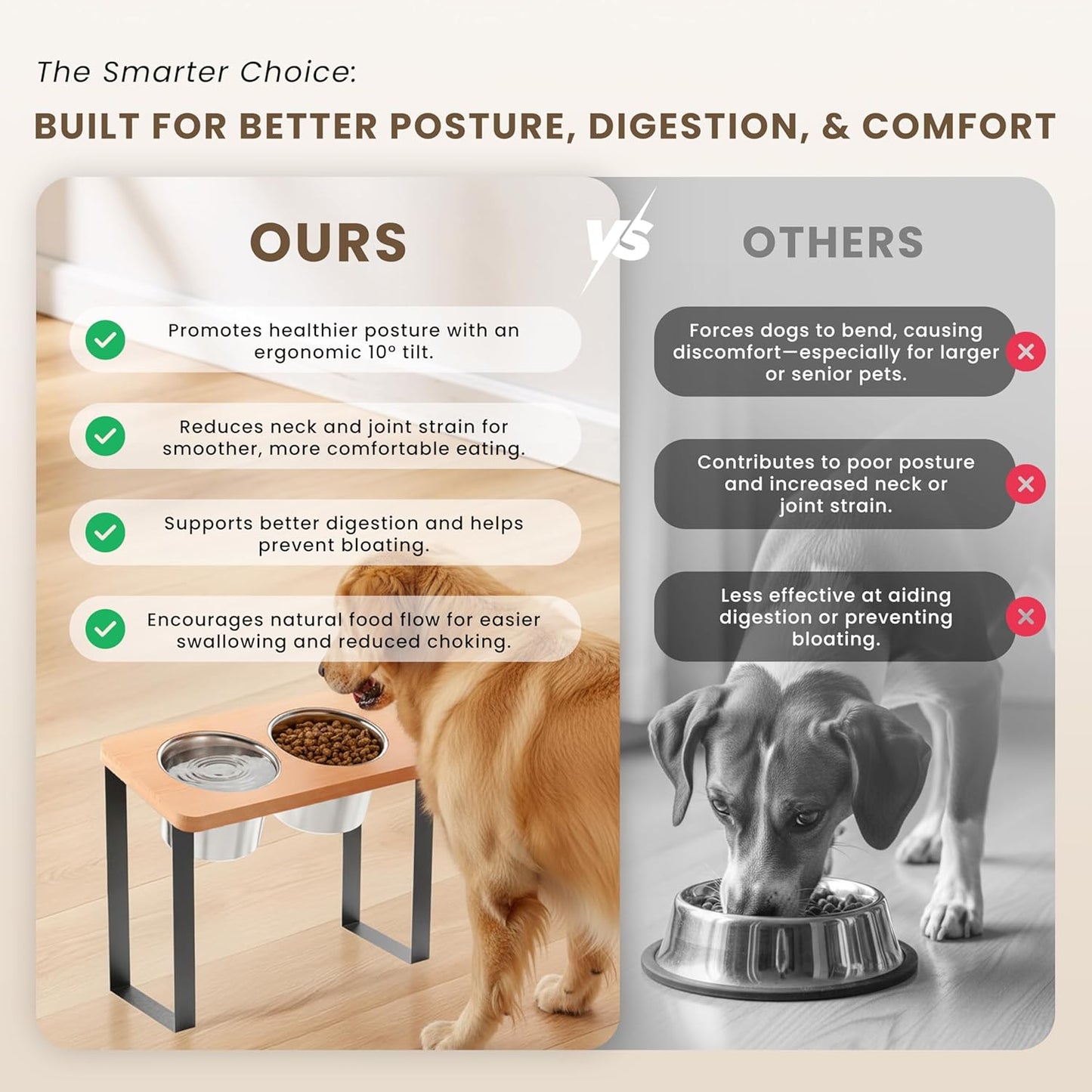 15.9" Tall Elevated Dog Bowls - Ergonomic Stainless Steel Dog Bowls with 10° Tilt in Acacia Wood Stand for Medium Breed