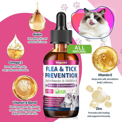 Flea & Tick Prevention for Dog and Cat, Natural Oral Flea & Tick Support Drops with Multivitamin Omega-3 for Pets - Supports Healthy Skin & Coat - Flea Herbal Drops All Breeds and Sizes - Bacon