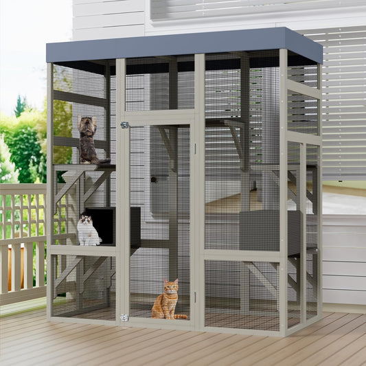 KEIKI 62.6" Wooden Outdoor Cat House, Large Cat Shelter Enclosure, Big Catio with Waterproof Roof, 2 Napping House, Platforms & Rust-Proof Wire, Secure Pet Cage for Backyard or Patio, Light Grey