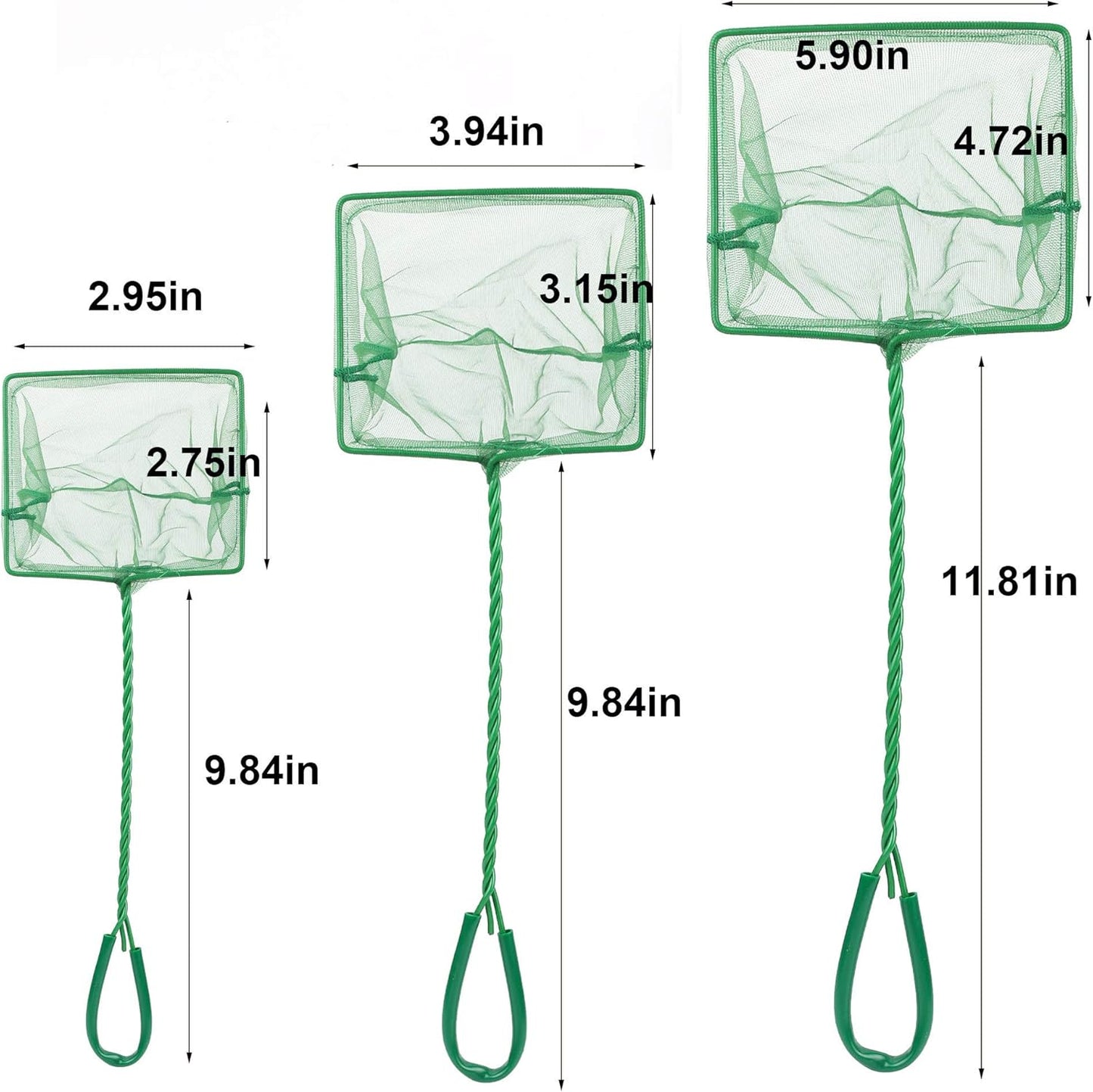 3PCS Aquarium Fish Net Fine Mesh Net Quick Catch Nets Nylon Fishing Nets with Long Plastic Handle for Fish Tank, Green, 3in 4in 6in