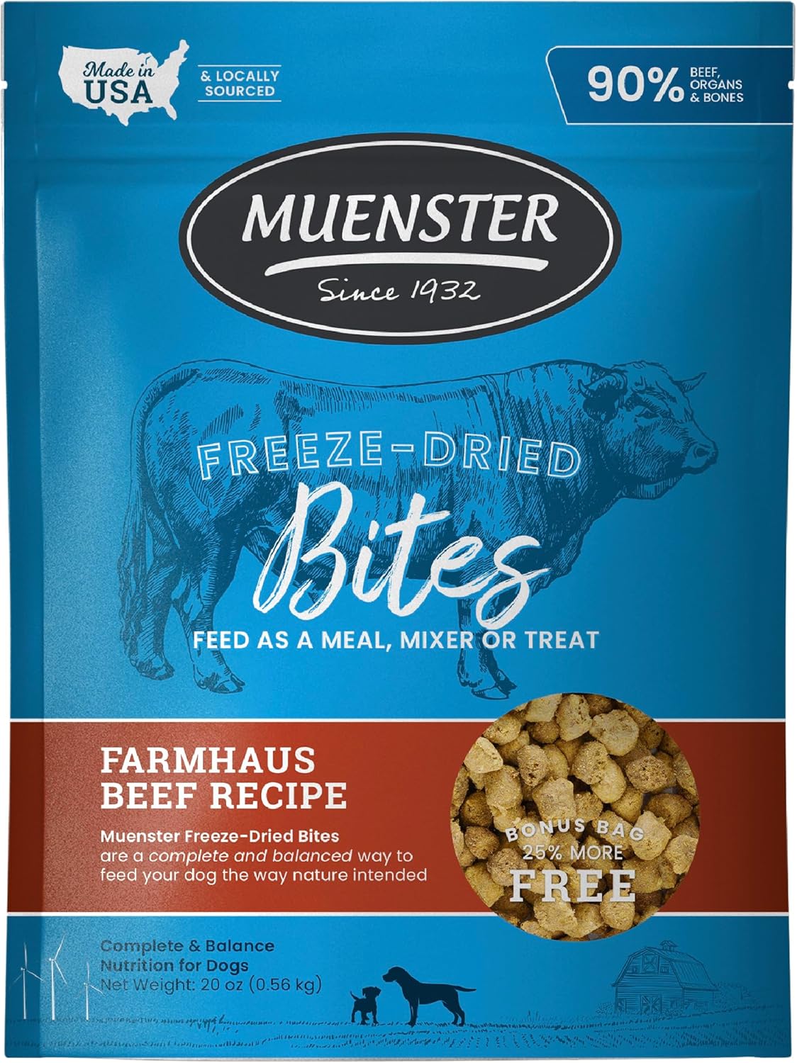 Muenster Freeze Dried Beef Bites - Complete Dog Food, Treat, Mixer or Topper (20oz) - Grain-Free
