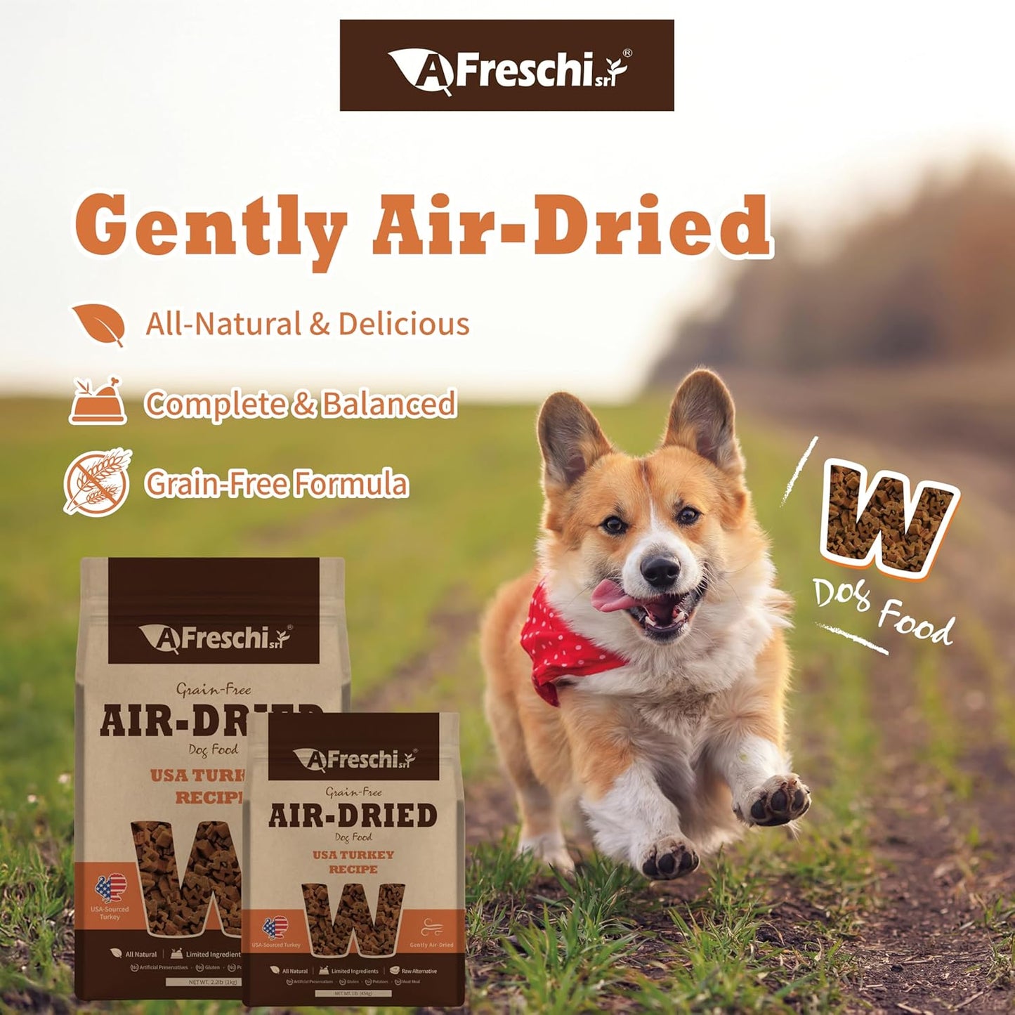 AFreschi Air-Dried Dog Food Turkey Recipe 1 lb, All-Natural, Complete & Balanced, Single-Animal Protein, Grain-Free, High-Protein, Limited Ingredients