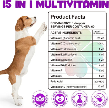 Dog Multivitamin,15 in 1 Dog Multivitamin Liquid Drops Supplements, Dog Vitamins for Heart Health, Bones, Joint, Skin & Coat, Bladder, Immune System Support 60ml-2pcs