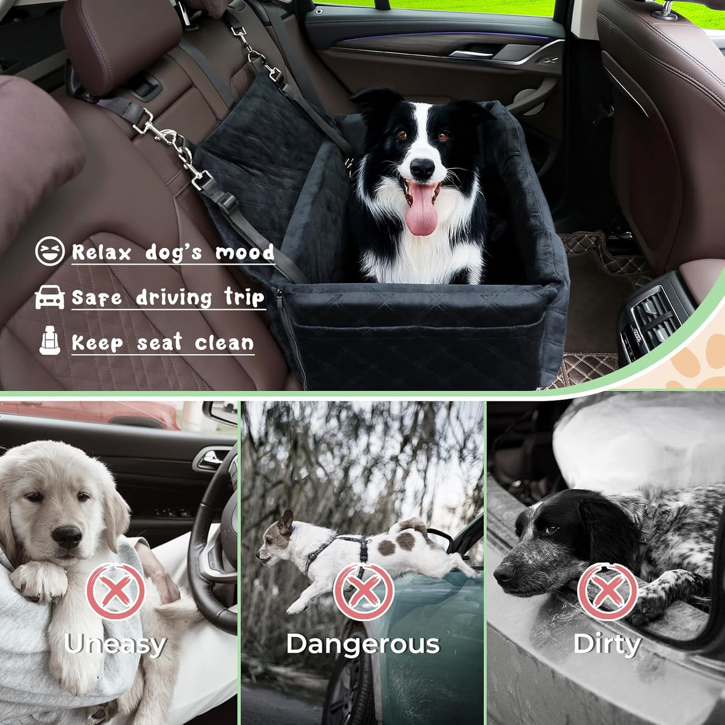 Dog Seat for Car Travel, Booster Car Seat for Large/Medium Dogs Under 55 lbs or 2 Small Pets, Detachable & Washable Dog Seat Bed with Safety Leashes & Thick Cushion (Black&Grey)