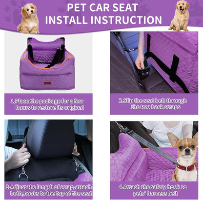 Dog Car Seat - Memory Foam Dog Booster Seat for Small Dogs Up to 25lbs-Elevated Pet Car Seat with Storage Pockets and Dog Seat Belt-Soft Pet Travel Bed for Front & Back Seats-Removable Washable-Purple