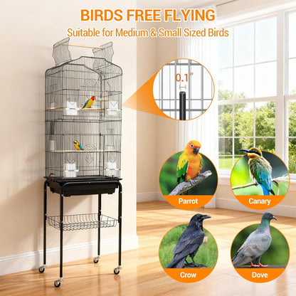 Large Wrought Iron Bird Cage with Open Play Top – 65.5 Inch Flight Cage for Parrots, Conures, Cockatiels, Lovebirds, Parakeets, Budgies – Heavy-Duty Detachable Rolling Stand & Storage Shelf – Black