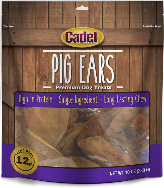 Cadet Natural Pig Ears for Dogs, Long Lasting & Natural Chew Treats for Dogs, 12 Count