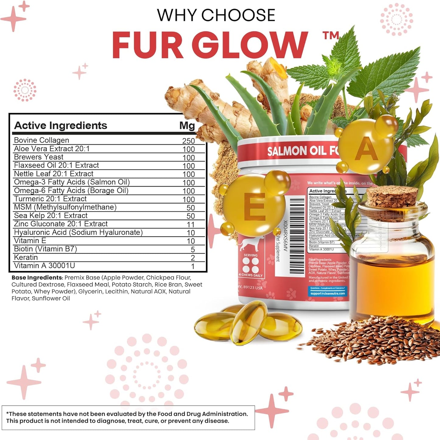 FurGlow Skin and Coat Supplement for Dogs Salmon Oil Omega 3 Fish Oil Turmeric Collagen Aloe Vera Flaxseed Oil Hyaluronic Acid Biotin Keratin Aloe Vera Allergy Relief Beef Flavor | Clean Nutra Pets