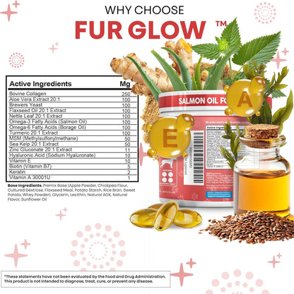FurGlow Skin and Coat Supplement for Dogs Salmon Oil Omega 3 Fish Oil Turmeric Collagen Aloe Vera Flaxseed Oil Hyaluronic Acid Biotin Keratin Aloe Vera Allergy Relief Beef Flavor | Clean Nutra Pets