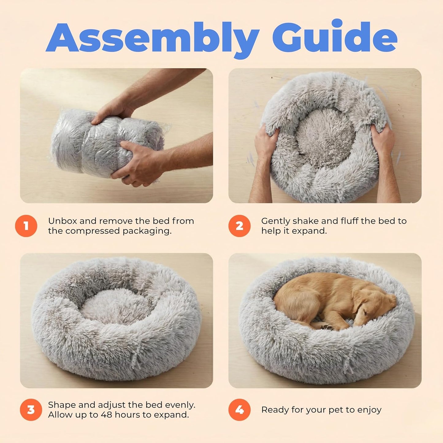 Best Pet Supplies Round Calming Dog Bed for Small, Medium & Large Dogs, Plush Donut Cuddler Pet Bed w/Raised Rim for Head, Neck Support, Anti-Slip Bottom Washable Bed - Light Warm Gray, 24 x 24 x 7