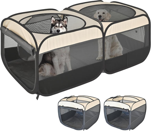2-in-1 Pop Up Puppy Playpen, Detachable into 2 Separate Pens with Additional Doors, Assembly-Free Portable Cat Dog Crates Pet Pen Tent Kennel Kitten Enclosure Cage Indoor Outdoor Foldable Condo(L)