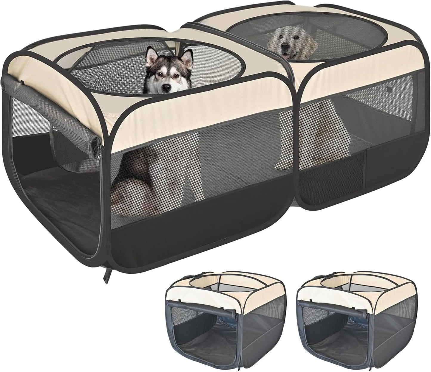 2-in-1 Pop Up Puppy Playpen, Detachable into 2 Separate Pens with Additional Doors, Assembly-Free Portable Cat Dog Crates Pet Pen Tent Kennel Kitten Enclosure Cage Indoor Outdoor Foldable Condo(L)