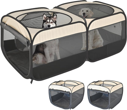 2-in-1 Pop Up Puppy Playpen, Detachable into 2 Separate Pens with Additional Doors, Assembly-Free Portable Cat Dog Crates Pet Pen Tent Kennel Kitten Enclosure Cage Indoor Outdoor Foldable Condo(L)