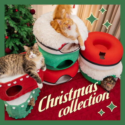 CATTASAURUS Peekaboo Cat Cave for Multiple & Large Cats Up to 30-45 Lbs, Fluffy Cat Beds & Furniture, Scratch Detachable & Washable Tunnel Bed, Comfy Donut Bed (Ruby Snowball, Large (Calming))