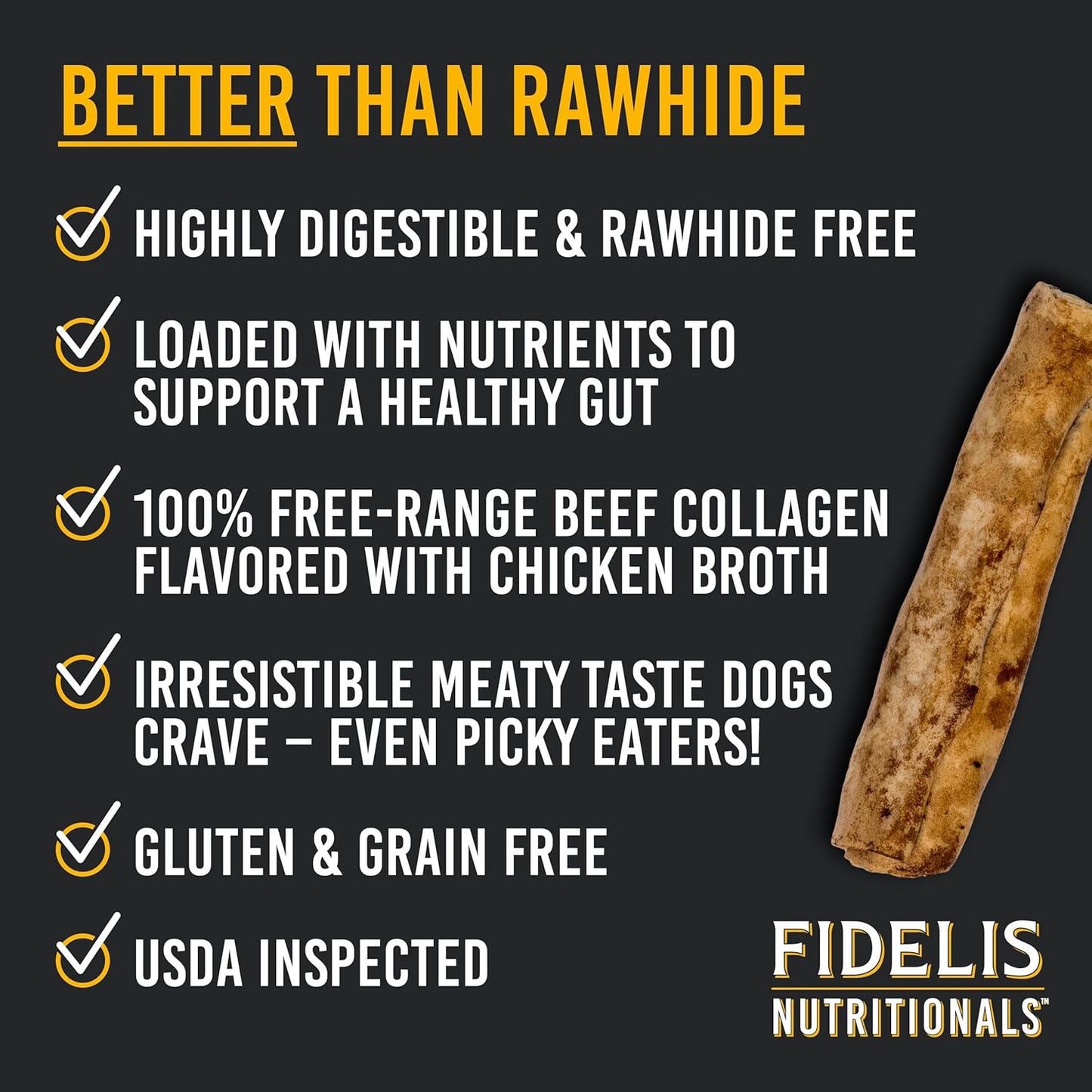 FIDELIS Rawhide Free Dog Chews Long Lasting, Treat Sticks, Dog Treats, Small & Large Dogs, Beef Collagen, Gluten Free, Grain Free, Pet Chew, Bones-Alternative, Made in USA, 4pk, Chicken, 7"