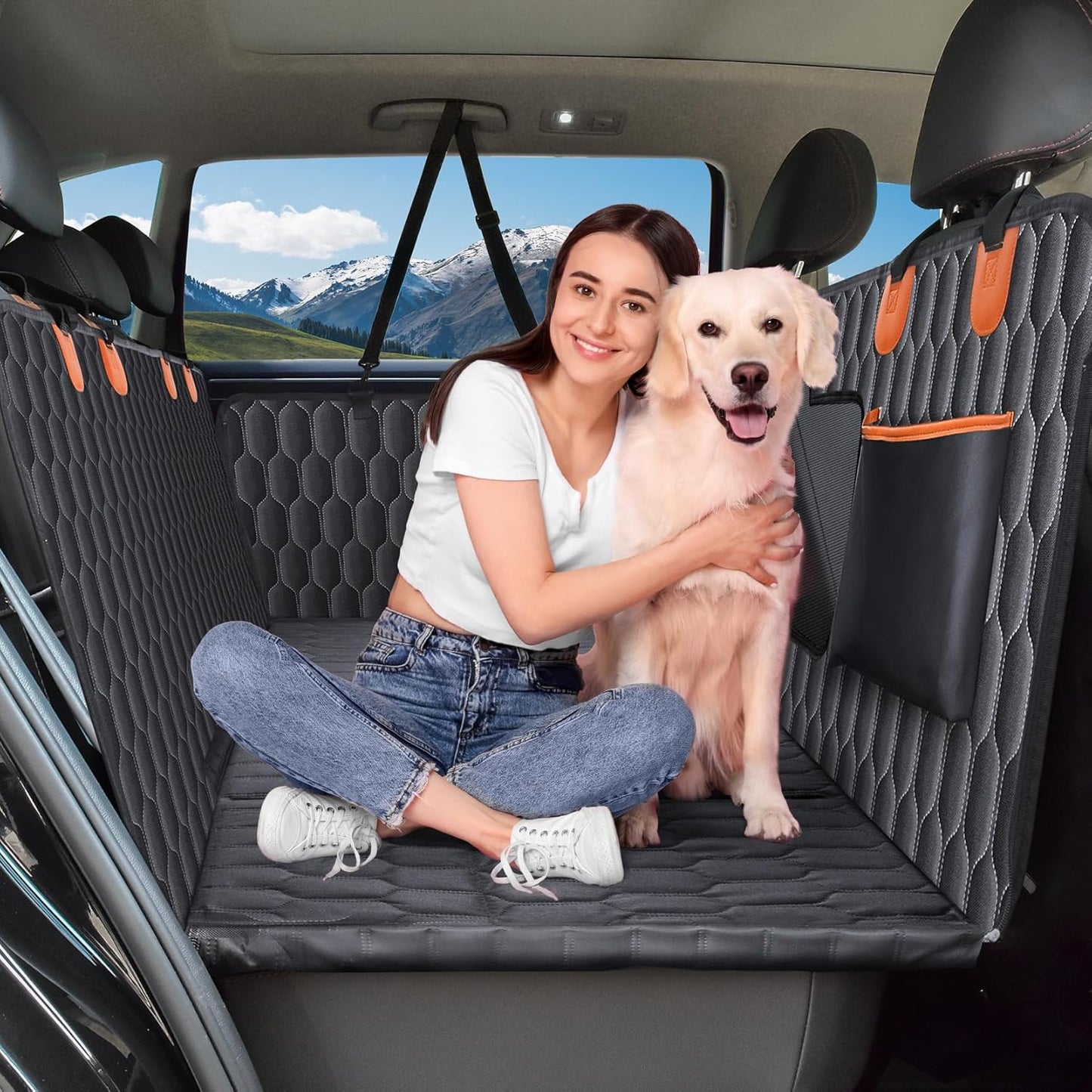 Back Seat Extender for Dogs-Supports 400lb,Waterproof Dog Car Seat Cover Hard Bottom-Detachable,600D Heavy Duty Scratch Proof Nonslip Soft,Dog Hammock for Car,SUVs