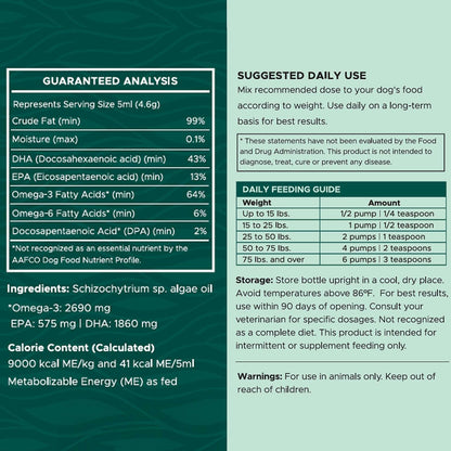 Vegan Omega 3 Oil for Dogs - 4 oz of Fish Free Algae Oil for Healthy Skin and Coat - Made with Omega 3 and 6 Fatty Acids, EPA, DHA, and DPA - Made in The USA