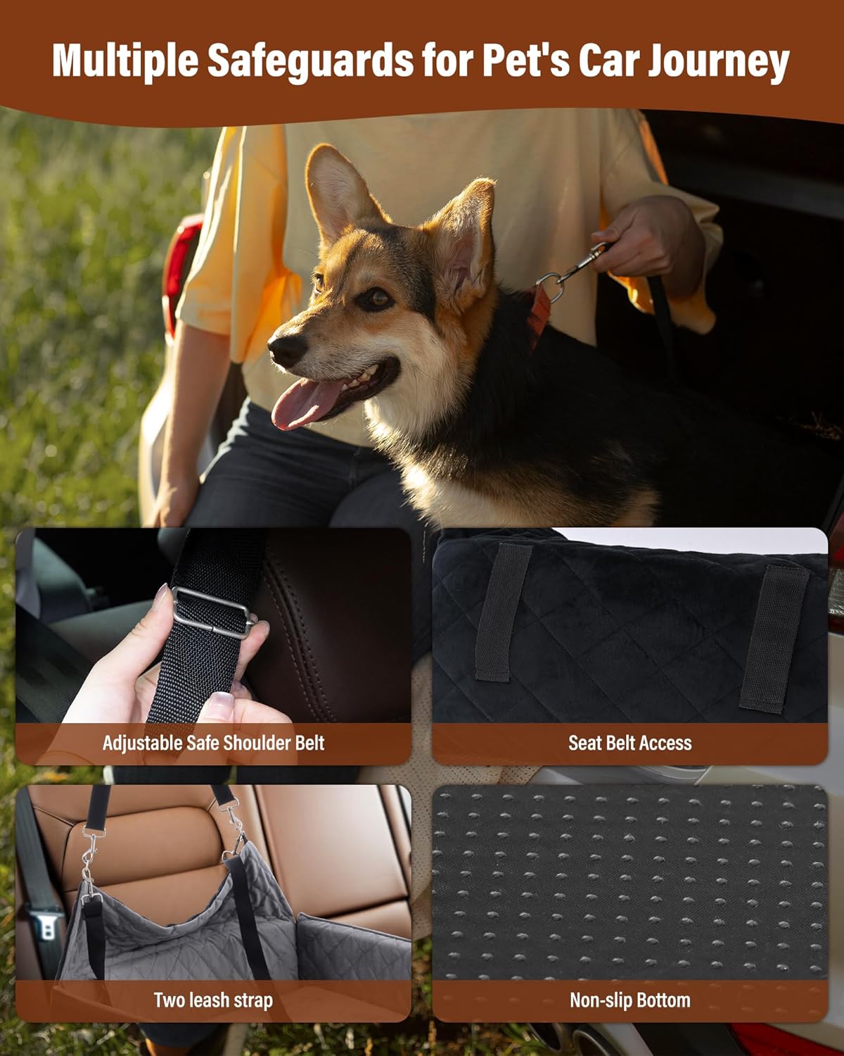 Dog Car Seat for Large Medium Dogs Under 55 lbs, Dog Booster Seat for 2 Small Dogs, Detachable Washable Pet Travel Bed with Thick Memory Foam Cushion, Safety Belt and Storage Pockets | Black