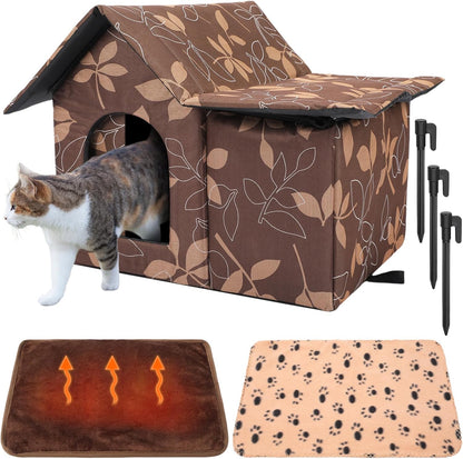 3 Pcs 21"x 18" Outdoor Waterproof Cat House with Curtained Door Self Warming Pad Blanket Large Feral Cat Shelter Winter Leaf Collapsible Kitty Dog Bed Outside, 3 Tent Stakes, Easy Assemble