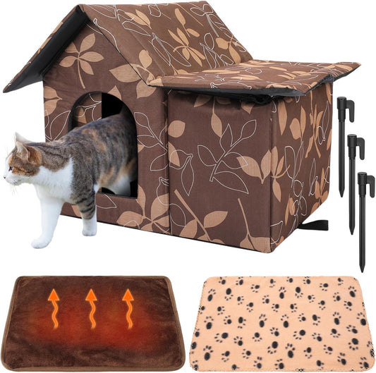 3 Pcs 21"x 18" Outdoor Waterproof Cat House with Curtained Door Self Warming Pad Blanket Large Feral Cat Shelter Winter Leaf Collapsible Kitty Dog Bed Outside, 3 Tent Stakes, Easy Assemble