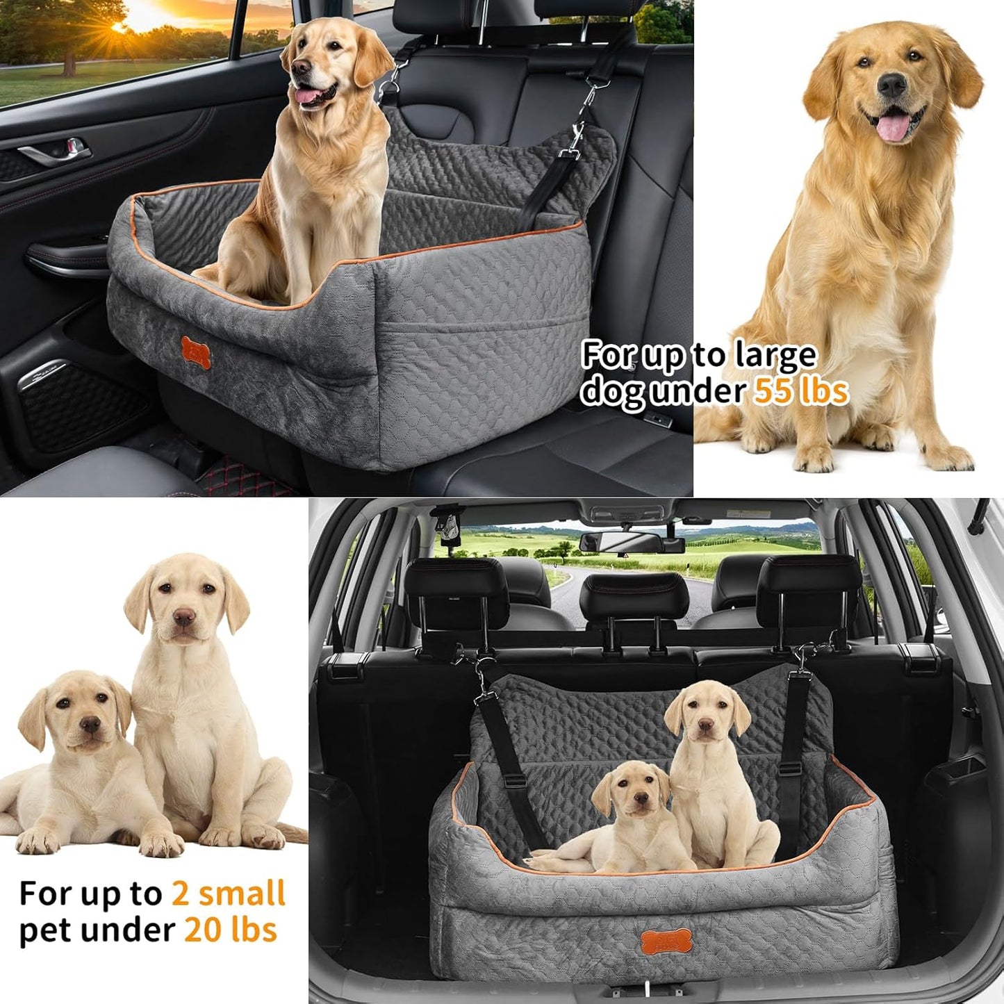 Dog Car Seat for Large/Medium Dogs - Memory Foam Dog Booster Seat for Under 55Lbs or 2 Small Dogs-Detachable and Washable Travel Bed with Thick Cushion and Storage Pockets-Grey