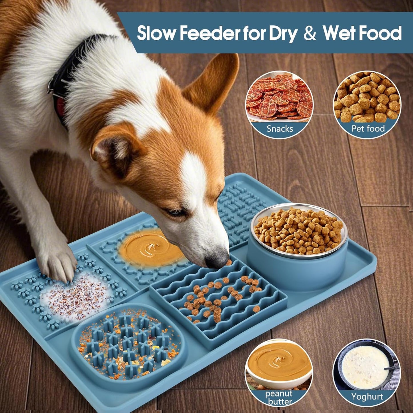 Dog Lick Mat for Small Dogs Cats, 13.8 x 9 Inches Silicone Slow Feeder Dog Licking Mat with Bowls, Peanut Butter Feeding Mat for Anxiety Relief, Reduce Boredom, Improve Eating Habit (Blue)