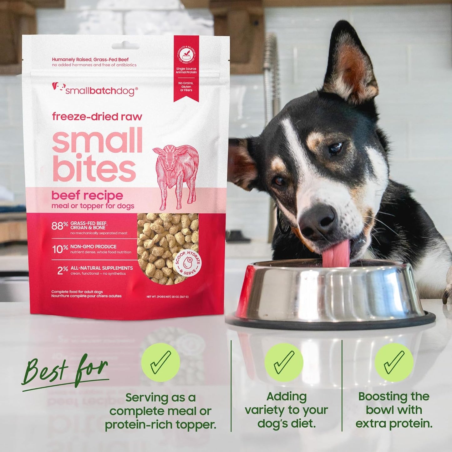 smallbatch Freeze-Dried Beef Dog Food – Grain Free, Organic Produce – Raw Dehydrated Beef Small Bites, High Protein Complete Meal or Topper – Humanely Raised, Made in USA, 7oz