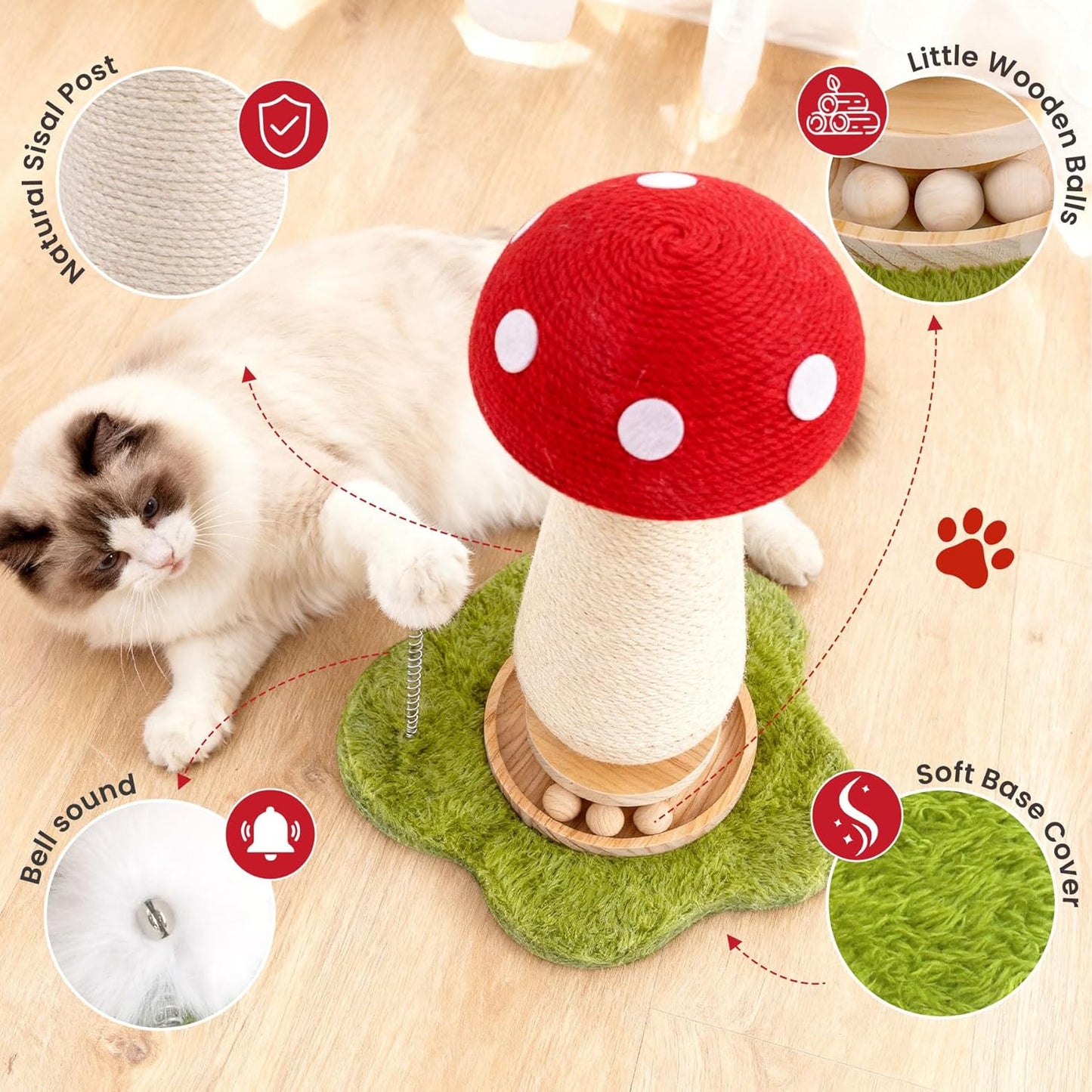 Cat Scratching Post,Mushroom Cat Scratcher with Sisal Scratching Poles with Interactive Toy Ball,Indoor Cat Toy