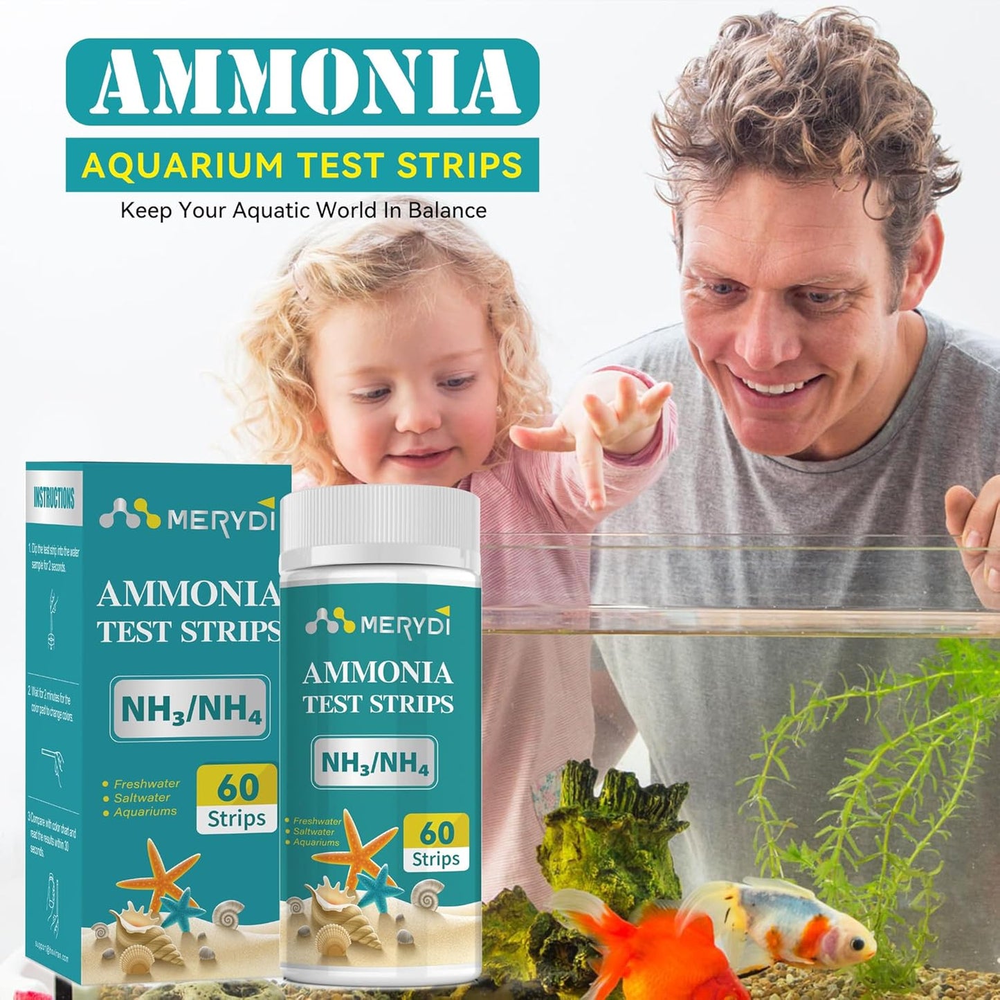 Ammonia Test Strips,60 Strips Aquarium Test Kit for Fish Tanks & Ponds, Quick & Accurate Freshwater Saltwater Testing Strips