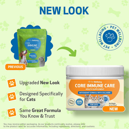 Pet Wellbeing Core Immune Care for Cats of All Ages - Daily Antioxidants, Immune Support, Collagen, Glutathione, Vitamin E - Veterinarian-Formulated Holistic Supplement 3.7 oz (105 g) Powder