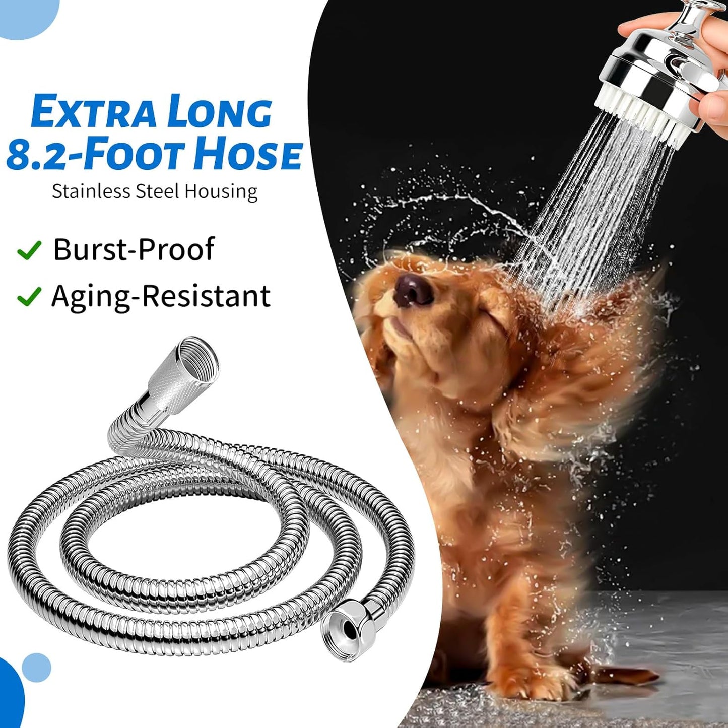Pet Shower Attachment with 8.2ft Hose & Silicone Brush，Three modes Dog Bathing Tool，Easy Connect to Bathtub Faucet for Dogs Cats Home Use