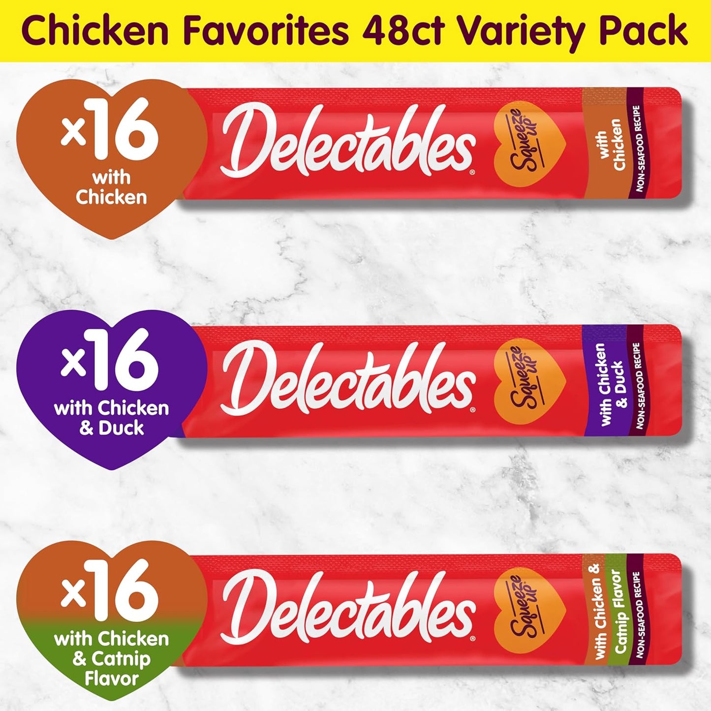 New! Delectables Squeeze Up Non-Seafood Chicken Variety Pack, Creamy Squeezable Puree, Lickable Wet Cat Treats, Grain-Free, No Added Fillers, 0.5 Ounces Tube, 48 Tubes Total