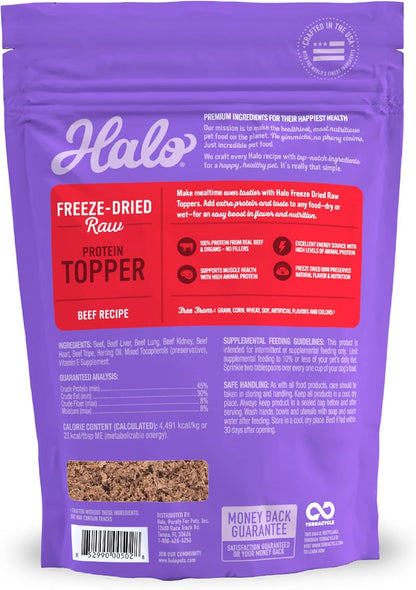 Halo Freeze Dried Raw Dog Food Topper, Beef Recipe, 100% Protein Source, For Natural Energy, Real Meat Topper, 3.5 Oz Pouch