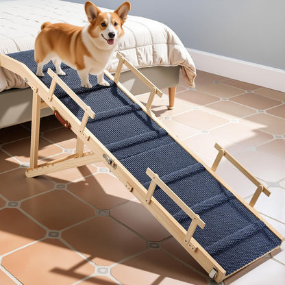 Dog Ramp for Bed with Rails, 64" Long Foldable Pet Ramp for Small Large Dogs, Dog Ramps for High Beds with Safety Side Railng, 6 Adjustable Heights 24" to 30" Up to 220LBS (Gray, 63" X 17inch)