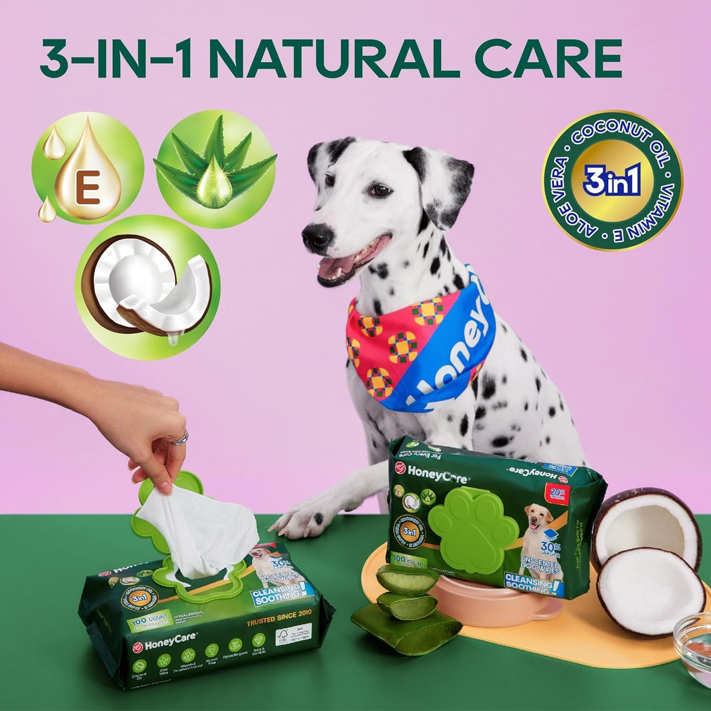 HONEY CARE Disposable Pet Wipes for Dogs & Cats – Cleansing & Soothing, Fragrance-Free, 100 Wipes for Paws, Butt & Body Cleaning(100 Pcs/4Packs