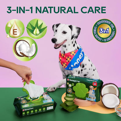 HONEY CARE Disposable Pet Wipes for Dogs & Cats – Cleansing & Soothing, Fragrance-Free, 100 Wipes for Paws, Butt & Body Cleaning(100 Pcs/4Packs