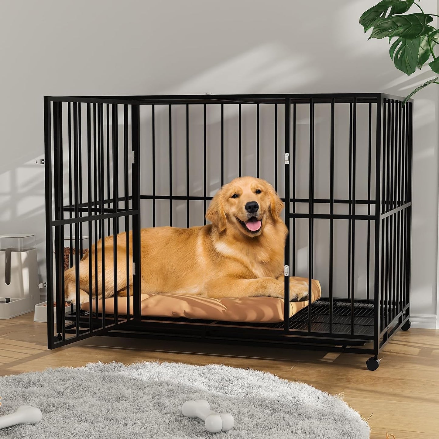 Heavy Duty Stainless Steel Dog Crate for Large & XL Breeds - Indestructible Escape-Proof Kennel with Locking Wheels - Collapsible, Chew-Resistant Indoor/Outdoor Cage with Easy-Clean Removable Tray