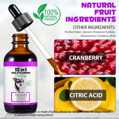 Dog Multivitamin,15 in 1 Dog Multivitamin Liquid Drops Supplements, Dog Vitamins for Heart Health, Bones, Joint, Skin & Coat, Bladder, Immune System Support 60ml-2pcs